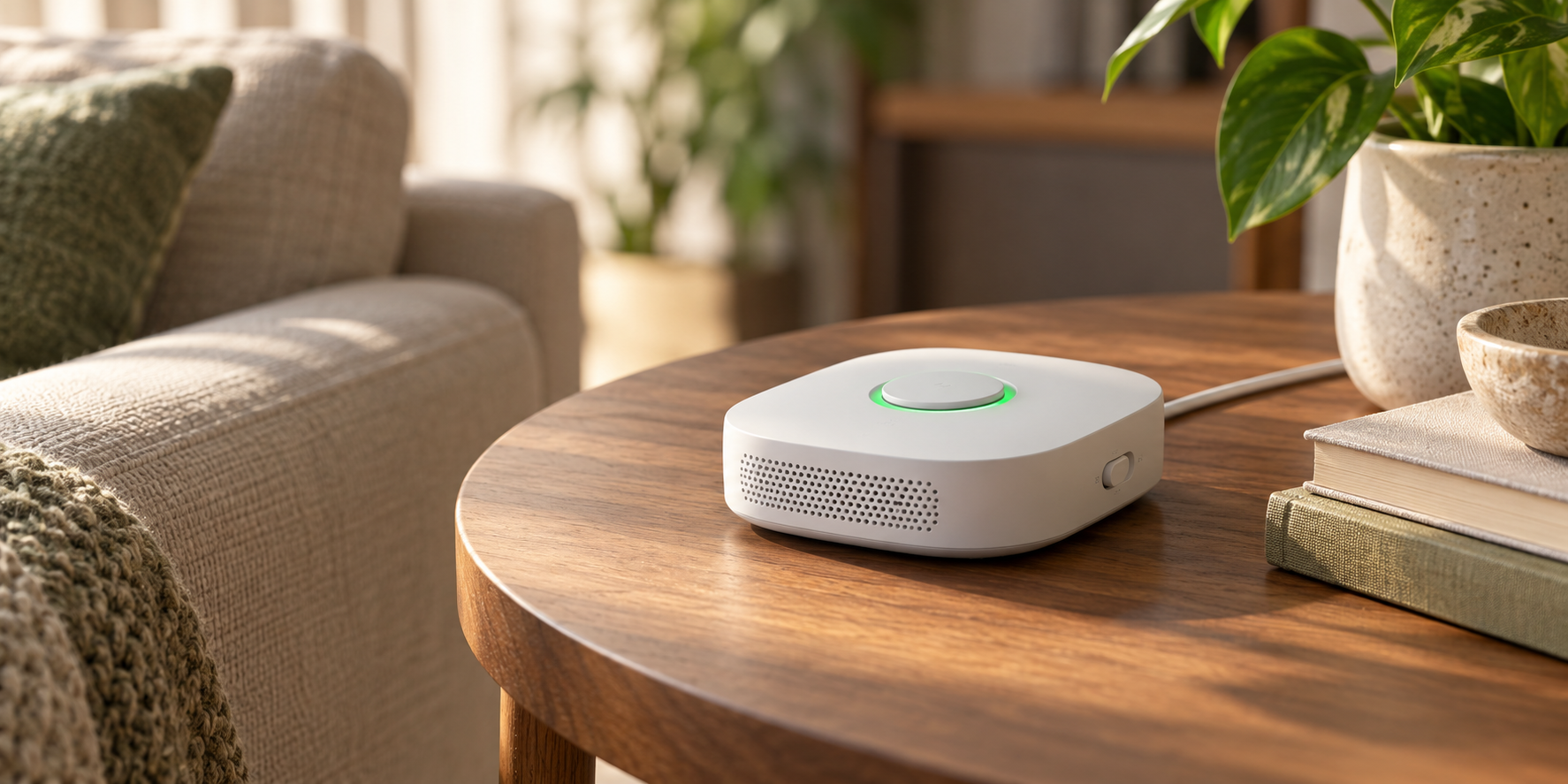 OBI device concept with a central button and green light ring